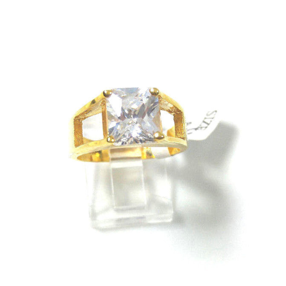 Gold Solitaire Ring Faceted Square CZ Wide 50 MILS